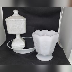 2 Piece Vintage White Milk Glass Pedestal Candy Dish Lid And Planter / Compote